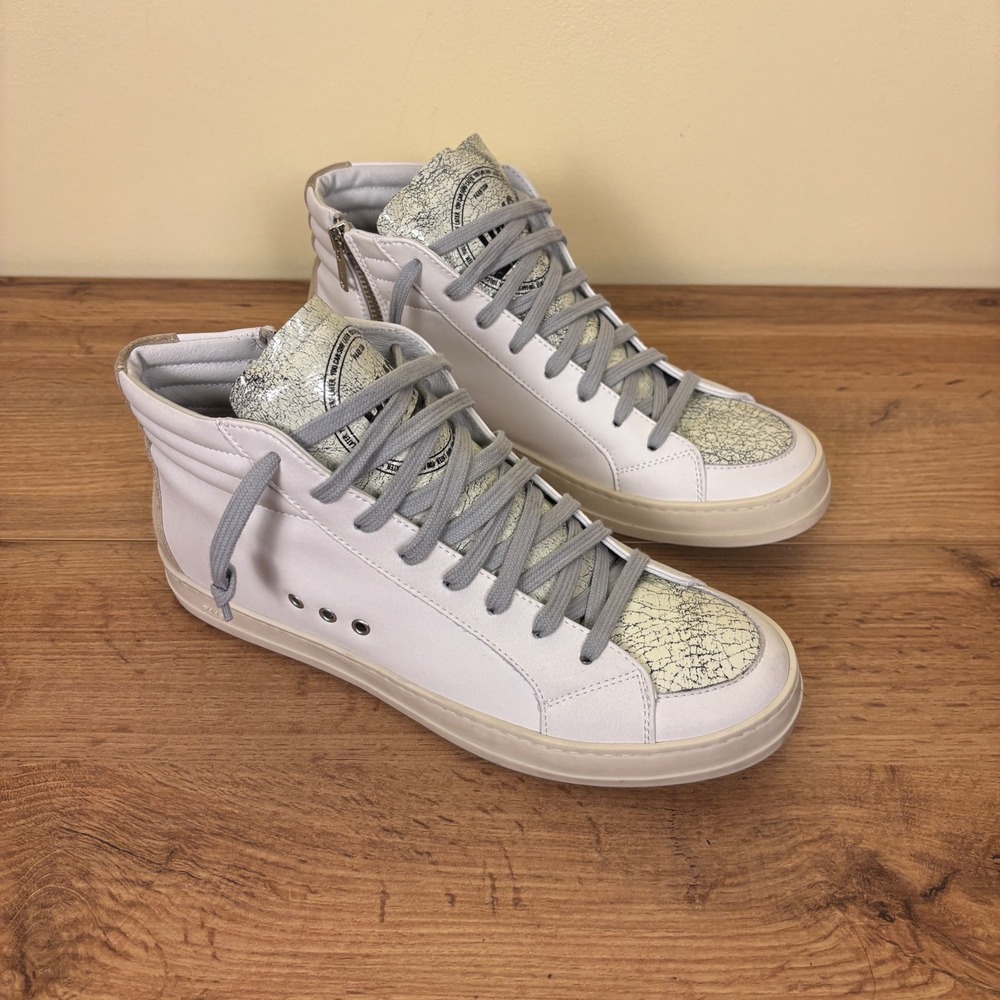 P448 Skate High Top Sneaker Linen/Silver Women Size 39 Leather Side Zip Casual